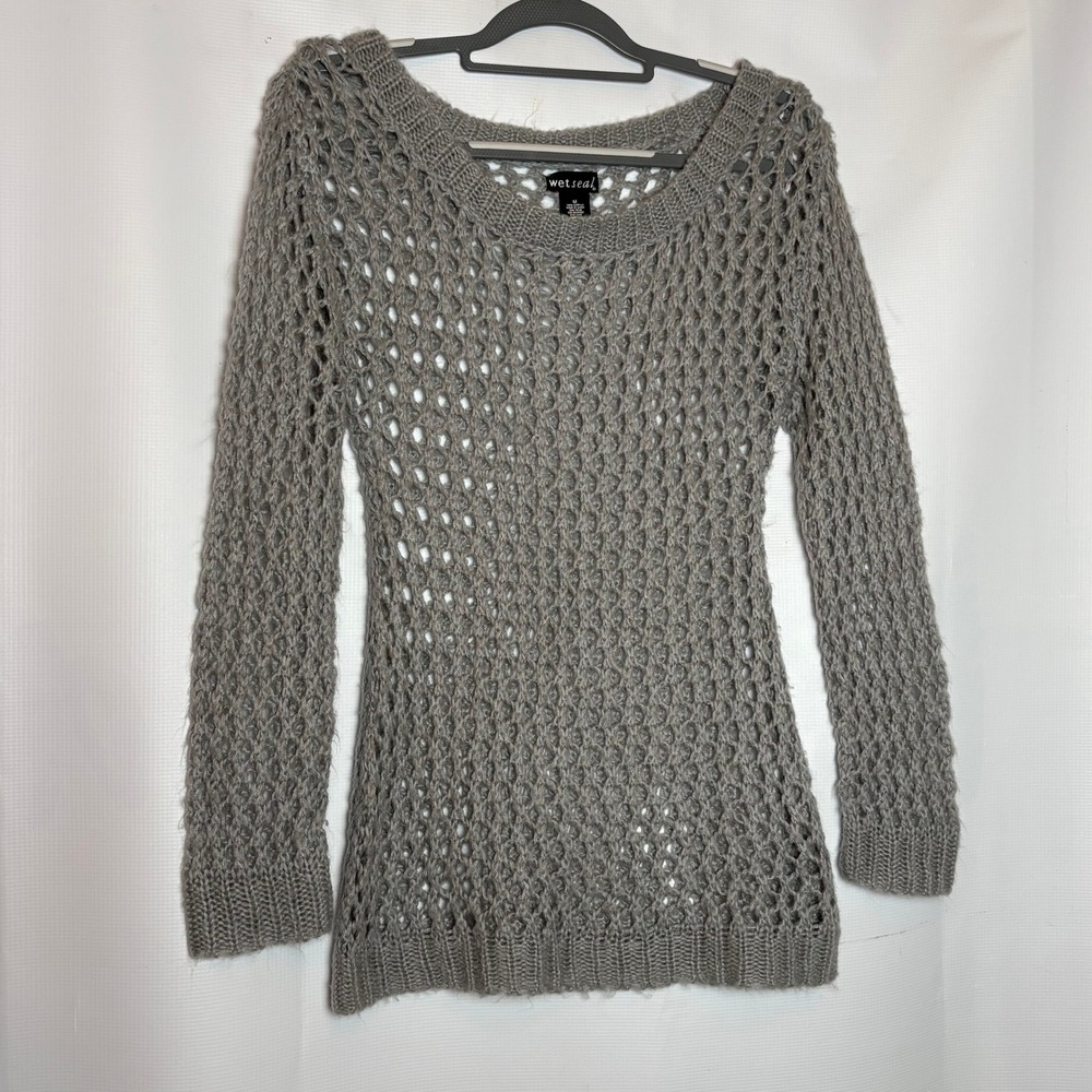 Vtg Y2K Wet Seal Gray Open Knit Fishnet Sweater Womens‎ M Scoop Neck LS Goth Emo